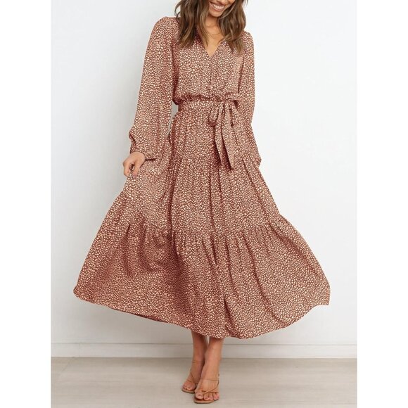 PrettyGarden Women Khaki Polyester V Neck Long Sleeve Floral Maxi Dress - Picture 2 of 5